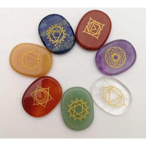 Fashion Mix Natural stone seven chakras patten carved oval pendants NO HOLE 7pcs/lot for jewelry accessories making wholesale