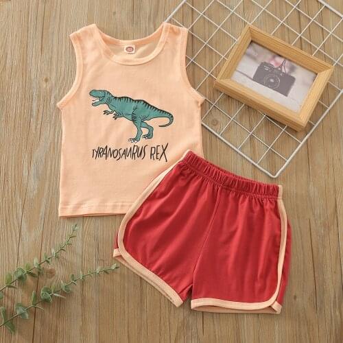 Girls Casual Two-piece Clothes Set Dinosaur and Letters Printed Pattern Vest and Elastic Waist Shorts Claret/ Brown/ Green