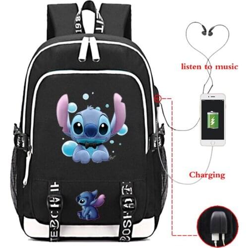 Disney Cartoon Stitch Backpack For School Girl Boy USB Charging Backpack Stitch Teenagers Backpack Laptop bag 17 inch