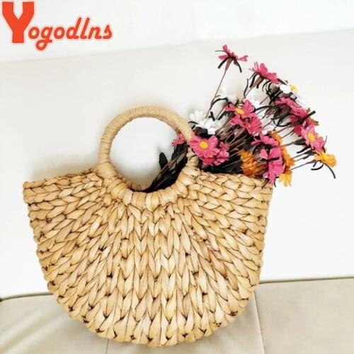 Yogodlns Simple Straw Handbag for Girls Summer Beach Travel Hand Bag Half Moon Hand Woven Rattan Handbags Round Handle Bags