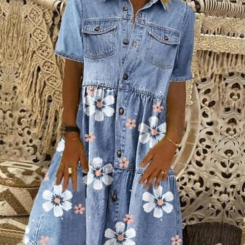 Vintage Women Dress Short Sleeve Single-breasted Pockets Floral Print Loose Denim Dress for Office Lady Outdoor Slim Dress