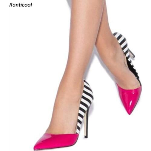 Ronticool Handmade Women Pumps Sexy Zebra Pattern Stiletto Heels Pointed Toe Gorgeous Red Fuchsia Shoes Women US Plus Size 5-15