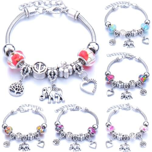 Animal Antique Silver Color Bracelets & Bangles For Women Crystal Flower Fairy Bead Charm Bracelet Jewellery Pulseras Mujer