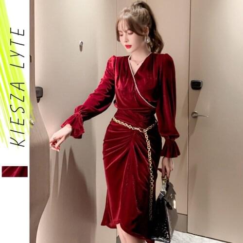 Women 2 Piece Set Fashion Suit 2021 Spring Velvet Wine Red Long Sleeve Top Gold chain Skirts Suits Elegant Lady Female Outwear