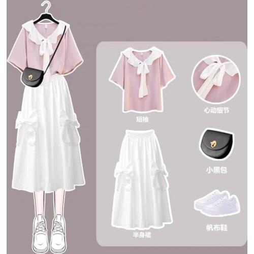 Preppy style suit skirt female student 2021 summer Korean loose short-sleeved T-shirt + lovely white skirt two-piece pink sets