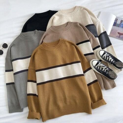 Autumn Solid Korean Women Round Neck Striped Knitted Sweater Pullovers Loose Long Sleeve Ladies Casual Vintage Sueter Female