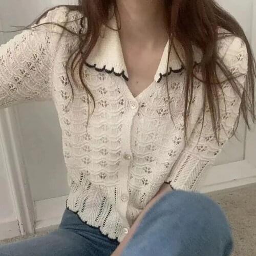 2021 Korean Knit Cardigan Women Summer Vintage Turn-down Collar Single Breasted Tops Hollow Crochet Short Sleeve Casual Sweater