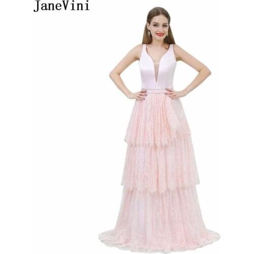 JaneVini Graceful Pink Beaded Long Bridesmaid Dresses A Line Sexy V Neck Zipper Back Lace Floor Length Women Formal Party Gowns