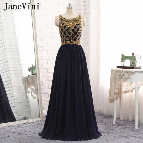 JaneVini Vestidos Sexy Black Beads Crystal Mother of Bride Dress 2018 A Line Sheer Back Chiffon Floor Length Vestido Longo Noite