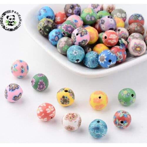 50pcs 10mm Round Handmade Loose Flower Polymer Clay Bead Mixed Color for Jewelry Making DIY Handmade Bracelet Necklace Hole: 2mm