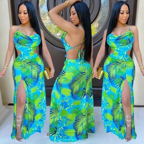 Boho Long Dress Womens Flower Print Sexy Dress Bandage Sling Backless Cross Spaghetti Strap Dresses Women Green Red Vestidos