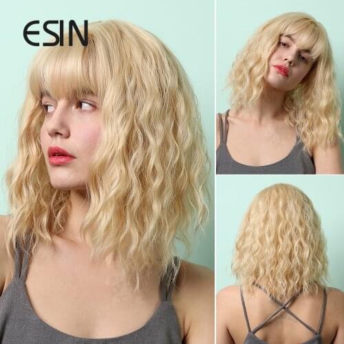 ESIN Bob Blonde Wig With Bangs Medium Long Hair Synthetic WIgs For Women Lolita Cosplay and Daily Use Heat Resistant