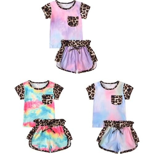 Citgeett Summer 2-6Years Kids Baby Leopard Print Clothes Set Tie Dye Short Sleeve O-neck T-shirt + Elastic Waist Shorts Clothes