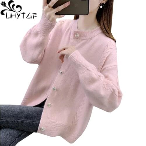 UHYTGF Cardigan Women Knitted Autumn Sweater Coat Long-Sleeved Solid Wild Casua Female Sweaters Jacket Loose Plus Size Tops 1490