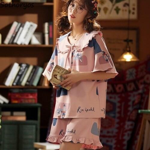 Summer Cozy Pajama Sets Women Loose Casual Bow Ruffles Printed Loungewear for Ladies Trendy Korean Style Teens Sleepwear Sweet