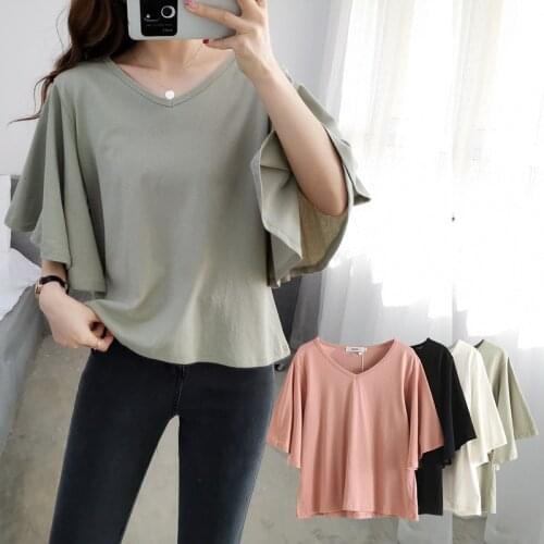 Genuine brand summer fat mm loose short-sleeved t-shirt covering belly bottoming shirt V-neck large size western style lotus lea