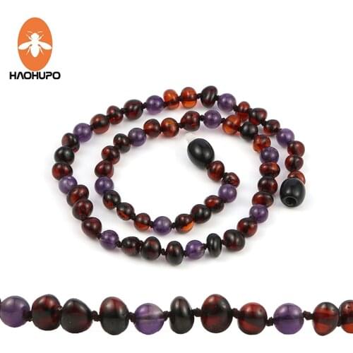 HAOHUPO Polished Natural Amber Teething Necklace for Baby Gift Amethyst Knotted Baltic Cherry Round Handmade Amber Jewelry