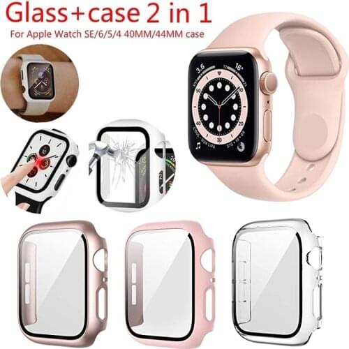 Full Cover For Apple Watch Series 6 SE 5 4 3 2 1 Plastic Bumper Hard Frame Case With Glass For iWatch Screen Protector 19 Colors