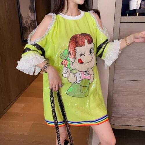 Casual Anime Pattern Strapless Straight Half Petal Sleeves O-neck Free Size Loose Sequined Hip Hop Summer Women Dress 9370