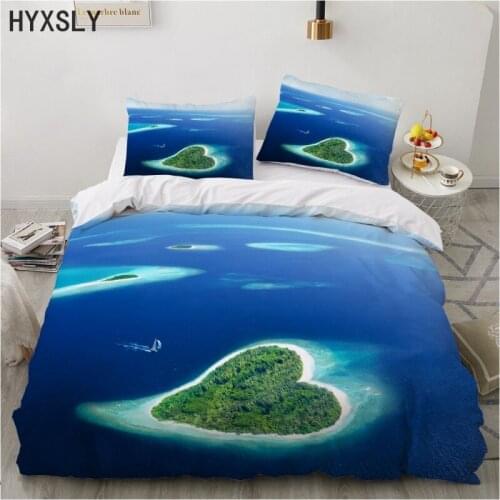 Heart Shape Island Blue Ocean Bedding Set Natural Scenery Printing Microfiber Quilt 2/3PCS Kids Adults Single Double Duvet Cover