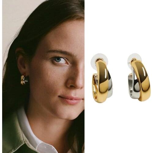 Color matching earrings summer European and American circle minority Earrings retro two-color new earrings brass jewelry