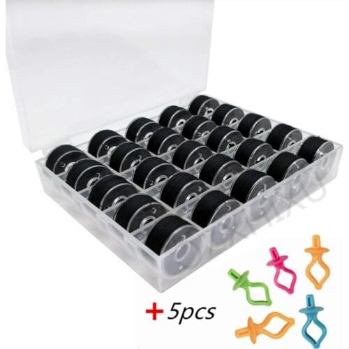 25PC Sewing Bobbins black Polyester Sewing Thread Transparent Plastic Bobbin Holder Home Sewing Machine Accessories Set 5BB5754