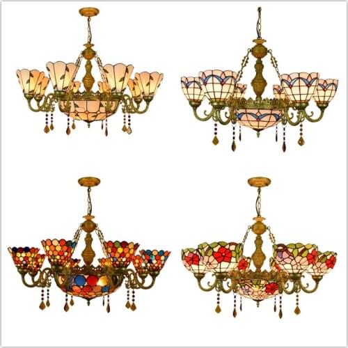 European-style Mediterranean stained glass retro pastoral hotel villa living room bedroom 8 heads crystal glazed chandelier lamp