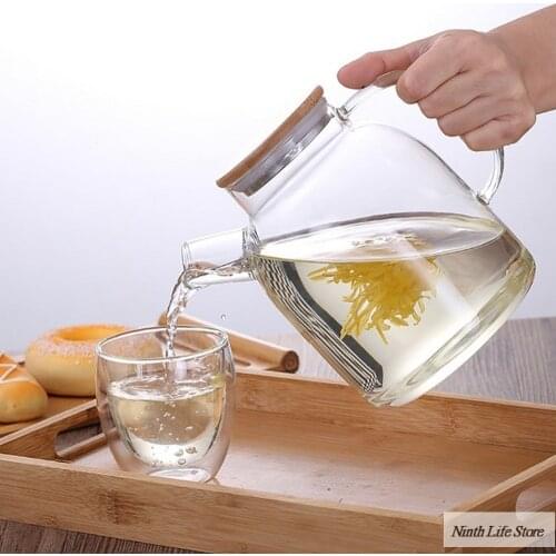 1L/1.8L Transparent Glass Teapot Heat Resistant Flower Kettle Water Jug with Bamboo/Stainless Steel Cover Clear Juice Container