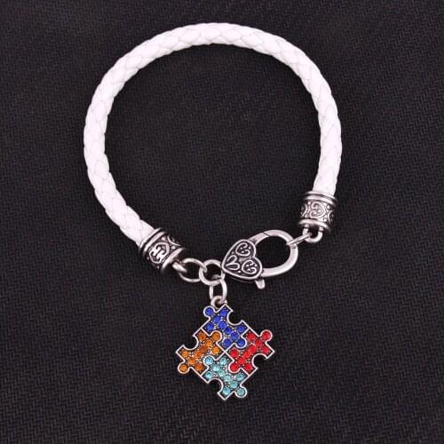 Unisex Charm Bracelet Jigsaw Puzzle With Colorful Crystals White Leather Chain Depression Style Zinc Alloy Dropshipping