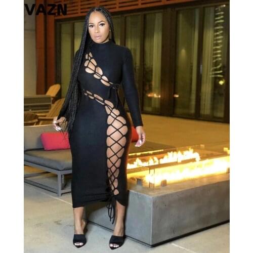VAZN New 2020 Night Shinny Dress Full Sleeve Sheath Hollow Out Dresses For Evening Robe Gowns Formal Party Maxi Dress