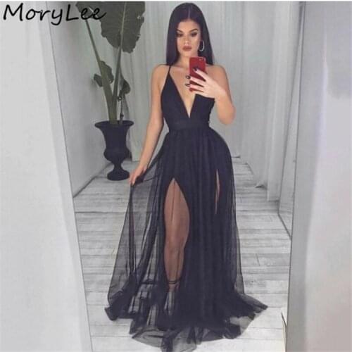 Evening Dresses V-Neck Spaghetti Straps A-Line Side Slit Soft Tulle Evening Dresses With Zipper Back vestidos de fiesta de noche
