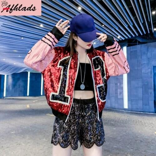 Spring And Autumn 2021 Print Streetwear Jacket Women Hip Hop Coat Long Sleeve Sequins Patchwork Women Jacket Outerwear