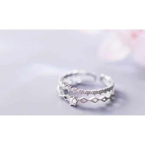 MloveAcc Authentic 100% 925 Sterling Silver Double Geometry Flower Pattern CZ Adjustable Open Rings for Women 925 Ring Jewelry