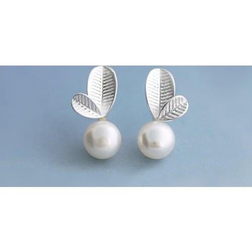 925 Sterling Silver Pearl Leaf Charm Stud Earrings For Women Grils Kids Wedding Gift Female pendientes mujer moda