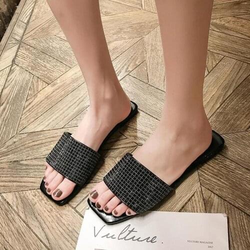 YEELOCA New Womens Slippers Flat Bottom Water Drill A Word Drag Fashion Sequins Crystal Square head Outdoor Indoor Slippers