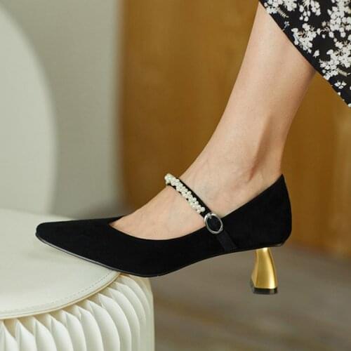 2021 Vintage Mary Jane Shoes Women Black High Heels Handmade Beaded Fashion Women Pumps Spring Autumn Wedding Shoes Bride