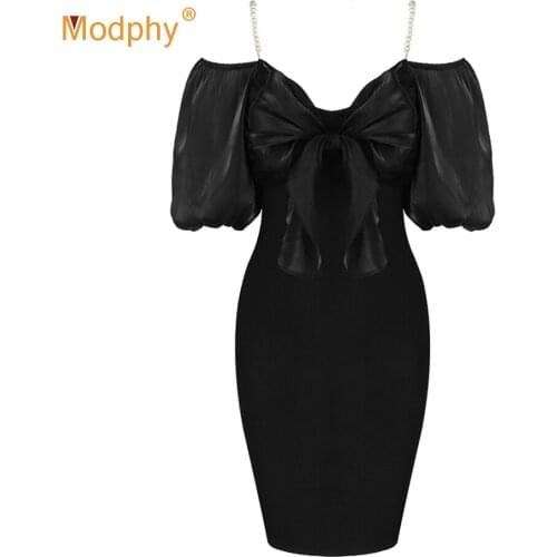 Autumn New Bowknot Pearl Chain Sexy Strapless Bubble Short Sleeve Dress 2020 Celebrity Party Club Bodycon Bandage Dress Vestidos