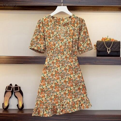 2021 Summer Irregular Chiffon Mini Dress Floral Casual Sexy V Neck Party Dress Elastic Waist Plus Size Dress for Women 15097