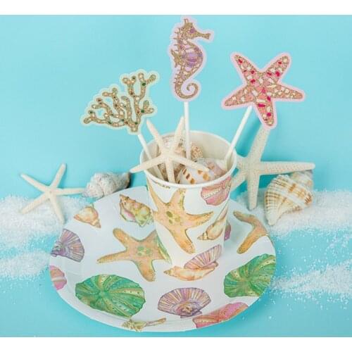 10Pcs Starfish Marine Plates Cups Dishes Disposable Tableware Cultery For Childrens Birthday Party