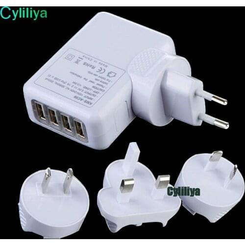20pcs EU AU US UK Plug 4 Port USB Wall Charger 2.1A 10W Portable Travel Charger Power Adapter For Iphone Ipad Samsung HTC