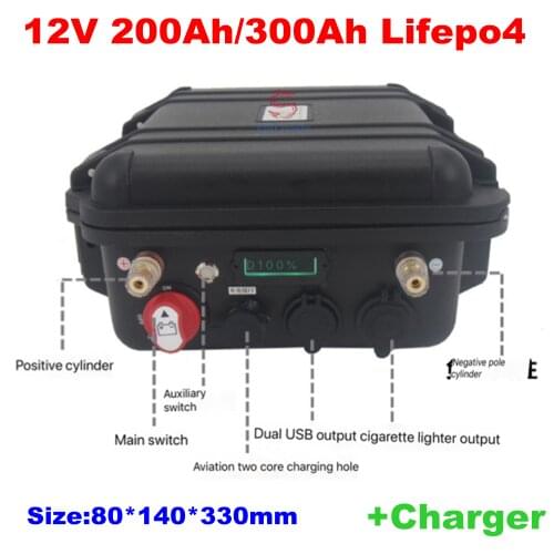 2000 cycles 12V 200Ah 300Ah Lifepo4 battery pack 12v with BMS 4S for 12v trolling motor solar system power supply+20A Charger