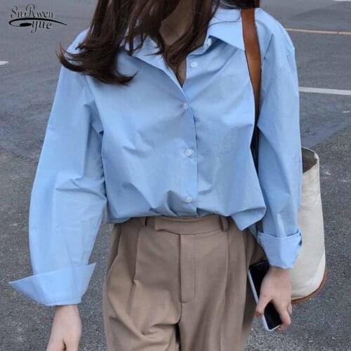 2020 Spring Autumn Tops Oversized Femme Casual Loose Women Blouses Shirts Minimalist Single-breasted Female Blue Shirts 11297
