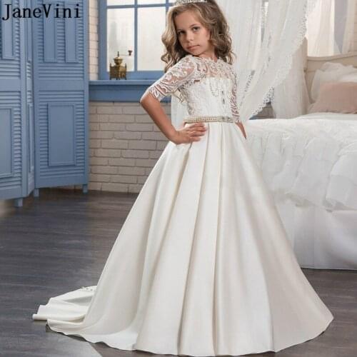 JaneVini Princess Beaded Flower Girl White Dresses for Weddings Kids Ivory Half Sleeves Lace Pearls Children Christmas Dress
