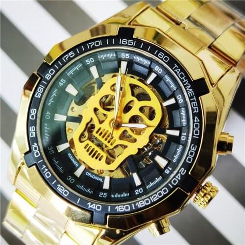 Forsining Clock Skeleton Black Golden Watches Skull Design Mens Automatic Mechanical Watches Brand Luminous Hands Uhren Herren