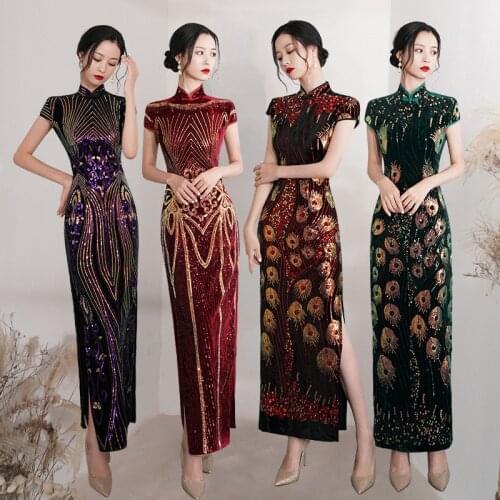 FZSLCYIYI Elegant Slim Chinese Vintage Long Formal Daily Dress Women Sequins Velour Qipao Sexy High Quality Cheongsam