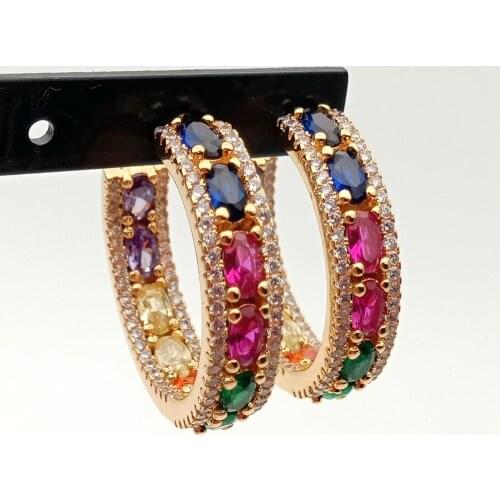 Rainbow Earrings Multicolor CZ Circle Stud Earrings Gold Color platedFashion Exquisite Top Quality Round Shape Earrings