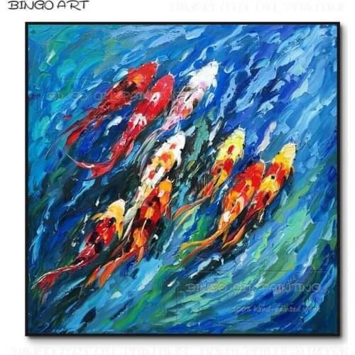 Artist Handmade High Quality Swimming Fishes Oil Painting on Canvas Beauty Fish Carp Swimming Oil Painting for Living Room Decor