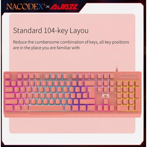 AJAZZ NACODEX STK090 Membrane Keyboard with Mechanical Feeling Rainbow Backlight Ergonomic Laptop Wired USB 2.0 Pink