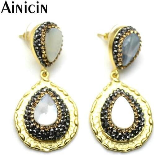 Fashion Women Party Jewelry Gold Copper Water Drop Shell Stud Earrings Black Rhinestone Crystal Paved Birthday Gift