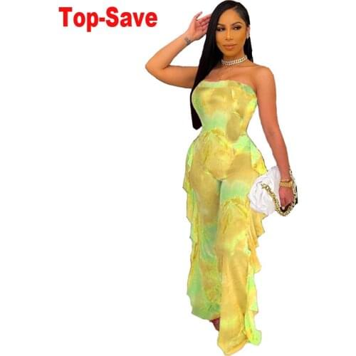 Fashion 2021 New Printed Sexy Rompers Womens Jumpsuit Elegant Mesh Stitching Clothing Ruffles Backless Evening Party Overalls